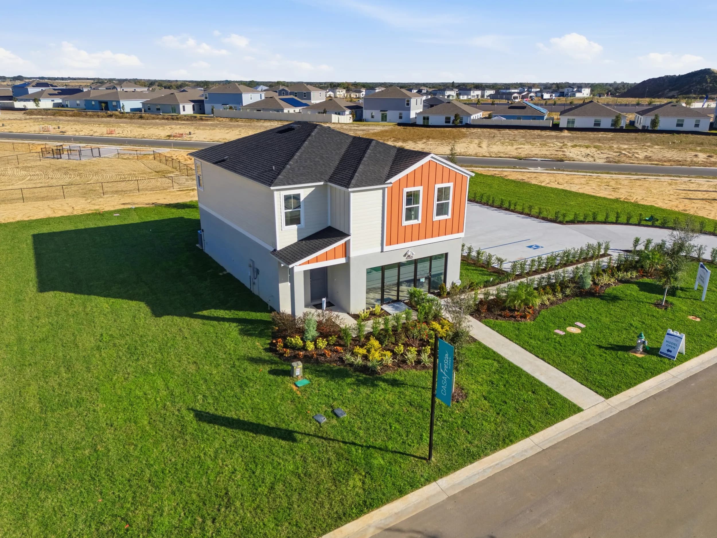 Aerial of a Crosswinds model home on its corner lot