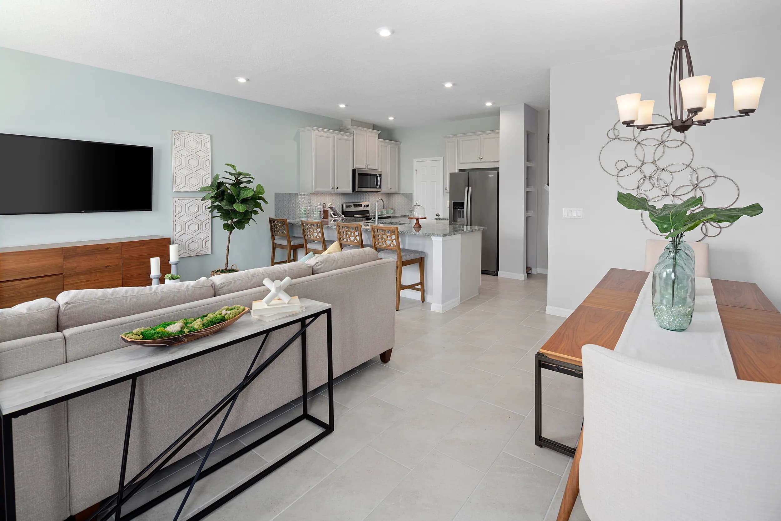 Aurora model open living room and kitchen at Meridian Parks