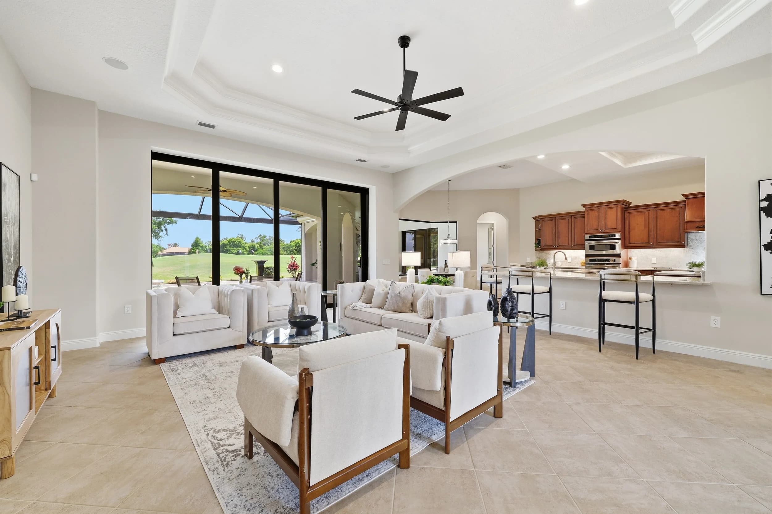 Great room staged by The Staging Company, photographed by JRP in Lakewood Ranch