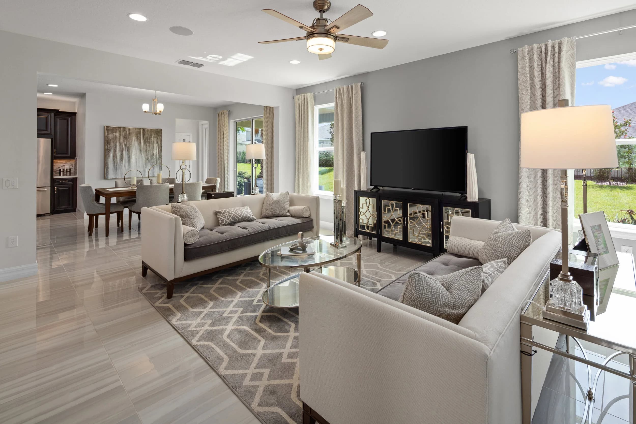 Model living room captured for a Matterport tour