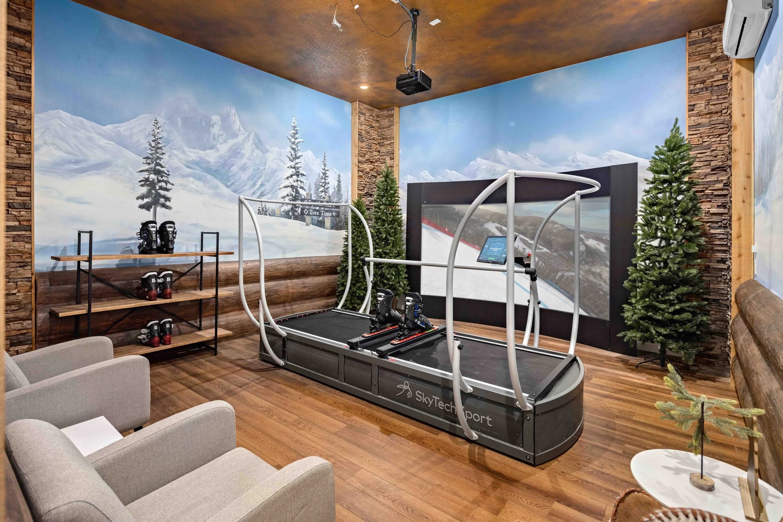 Ski-themed game room with golf simulator