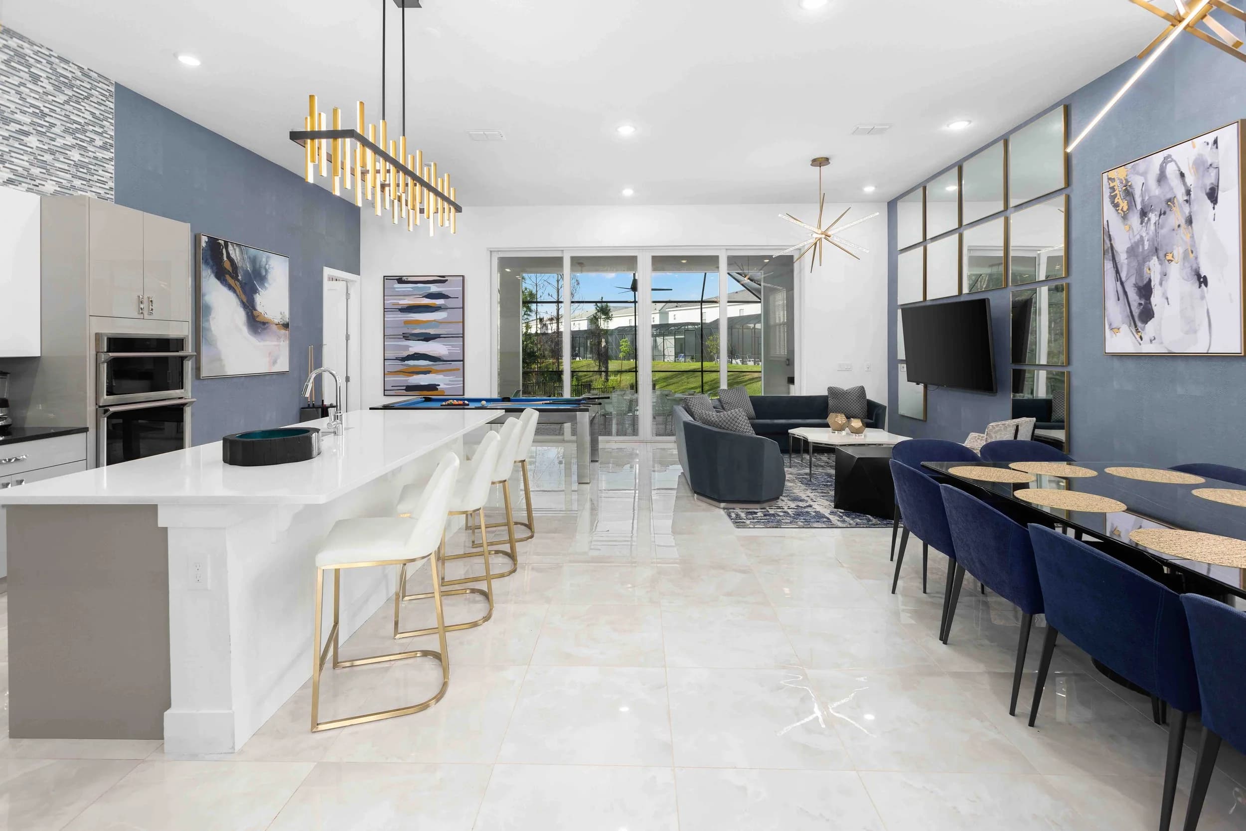 Vacation rental kitchen and great room with island seating
