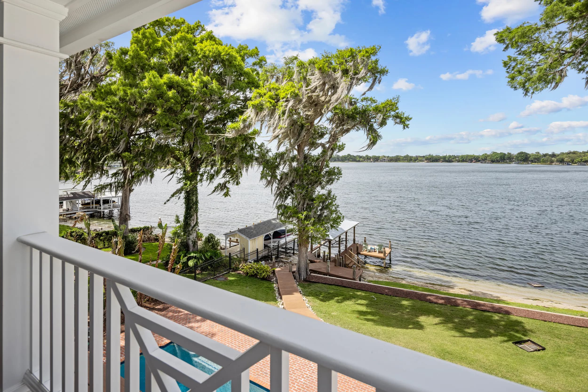 Upper porch view over the lawn, dock and lake